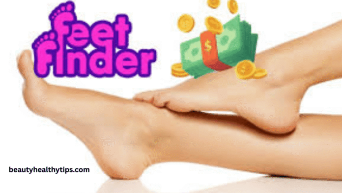 A woman's well-manicured feet resting on a luxurious rug next to a laptop showing the Feet Finder app dashboard, symbolizing a successful side hustle.