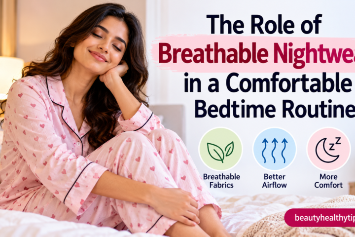 Woman wearing breathable pink nightwear for a comfortable bedtime routine