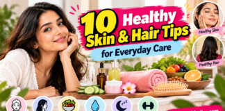 Healthy skin and hair tips featuring skincare products, haircare essentials, fresh fruits, and a balanced lifestyle