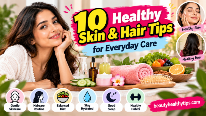 Healthy skin and hair tips featuring skincare products, haircare essentials, fresh fruits, and a balanced lifestyle